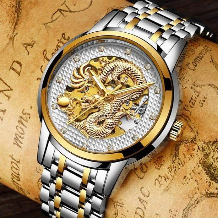 Montre Homme Dragon couleur or acier