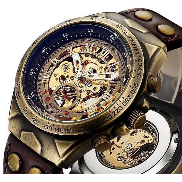 Montre Homme Squelette avec Bracelet en Cuir presentation | Steampunk-Store