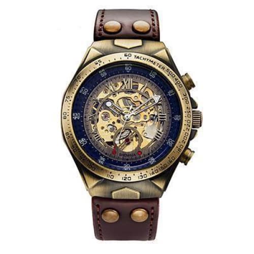 Montre Homme Squelette avec Bracelet en Cuir de face | Steampunk-Store