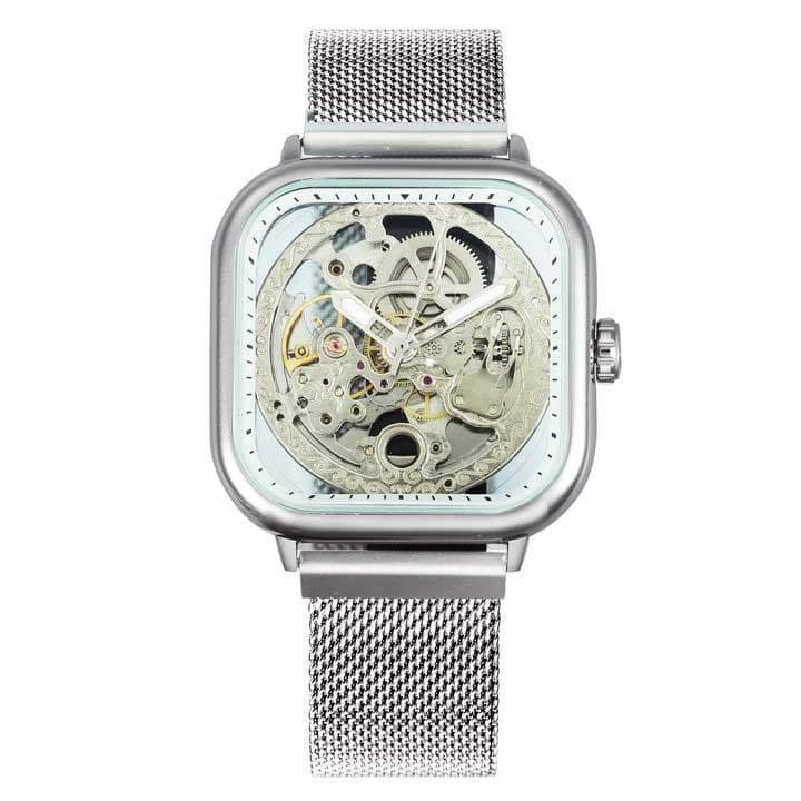 montre mécanisme apparent femme argent blanc de face steampunk-store