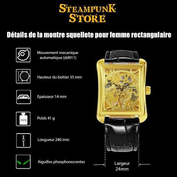 Montre Squelette Femme Rectangulaire détails- steampunk store