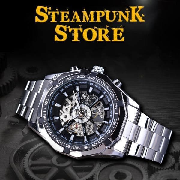 Montre Squelette pour Homme en Acier Noir posée - Steampunk Store