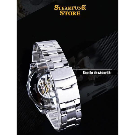 Montre Squelette pour Homme en Acier Noir vue bracelet - Steampunk Store